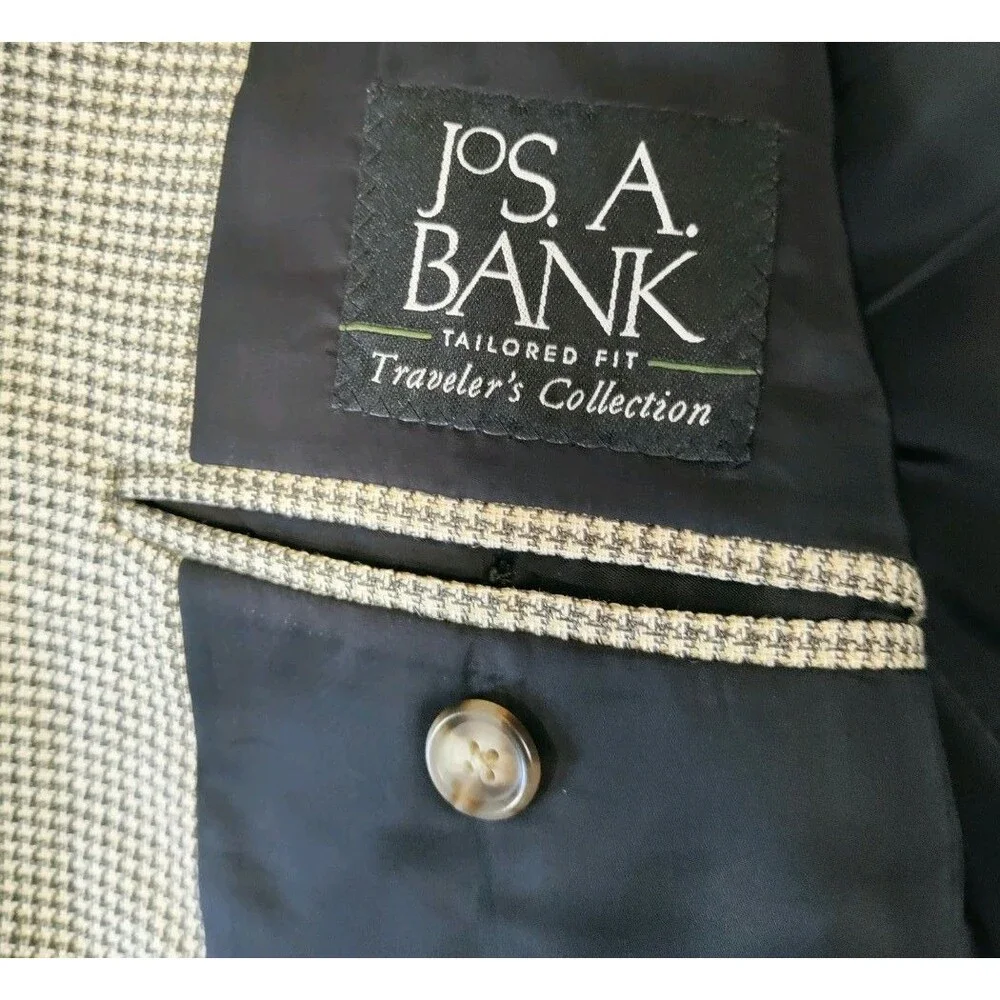 Jos. A. Bank Suit Jacket Blazer Mens 44R Beige Brown Houndstooth Silk Wool Blend